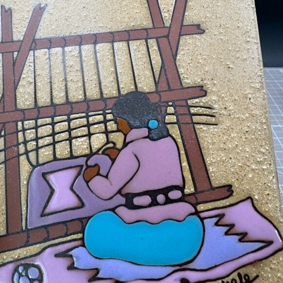 Southwestern Ceramic Tile Woman Weaving Rug signed Italy - Picture 2 of 4